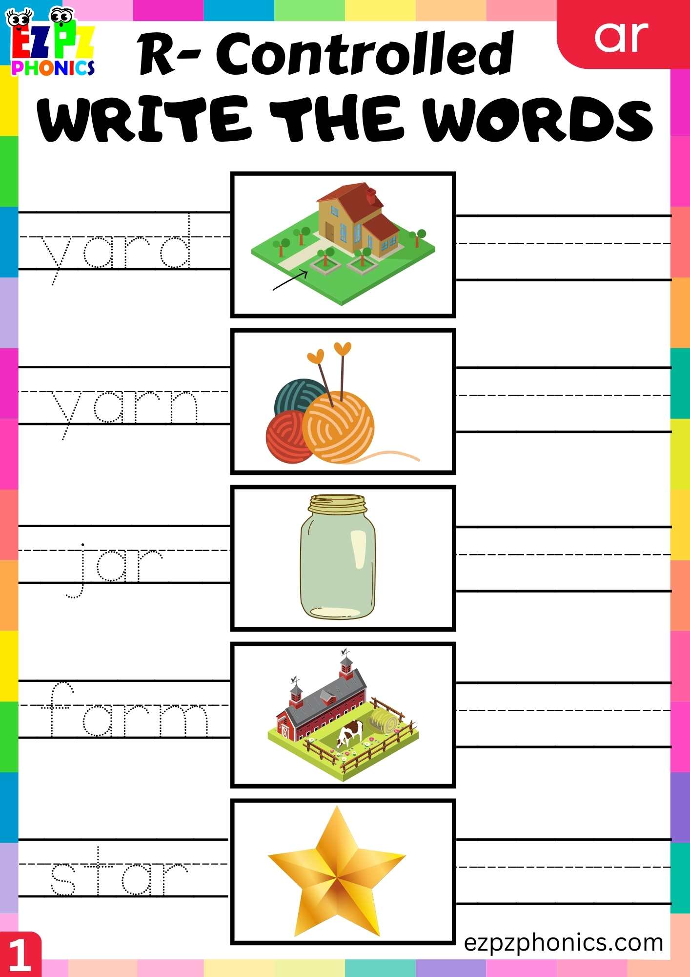 Write the words worksheet for ar words R controlled vowels phonics group 1